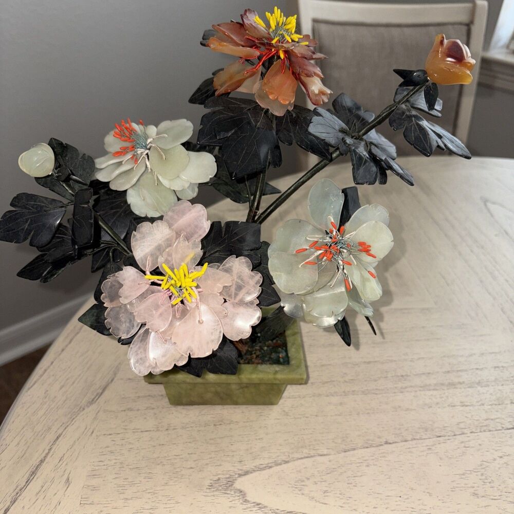 Vintage Antique Chinese Jade Bonsai Tree Flowers green brown white
